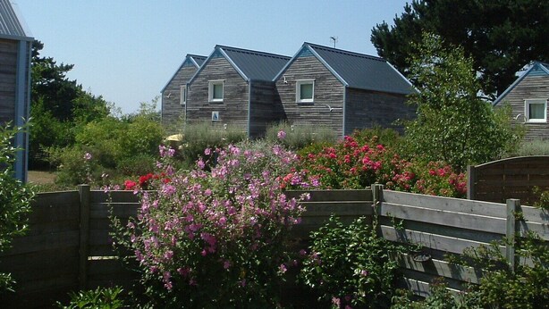 A row of wooden cabins with a metal roof, surrounded by lush greenery and flowering plants. - Gîte Cozy à Deux pas de la mer (Le Conquet)