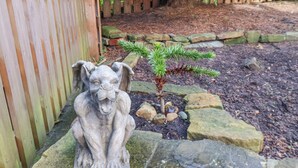 Une statue de gargouille en pierre, dans un jardin agrémenté d’une clôture en bois et d’un petit arbre.