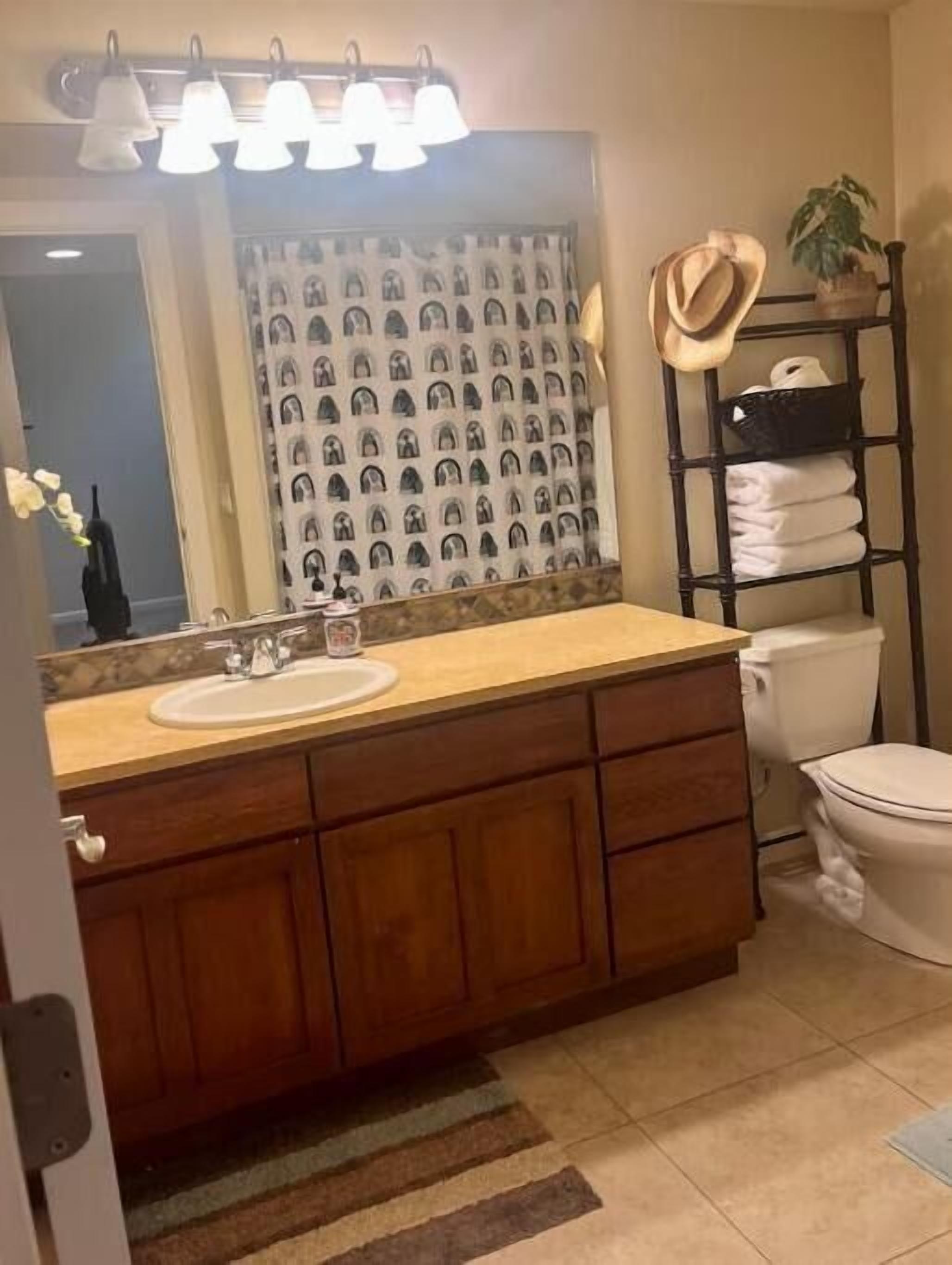 Une salle de bain avec un meuble-lavabo en bois, un évier, un miroir avec éclairage intégré, des toilettes, un rideau de douche à motifs et une étagère avec des serviettes et un chapeau.