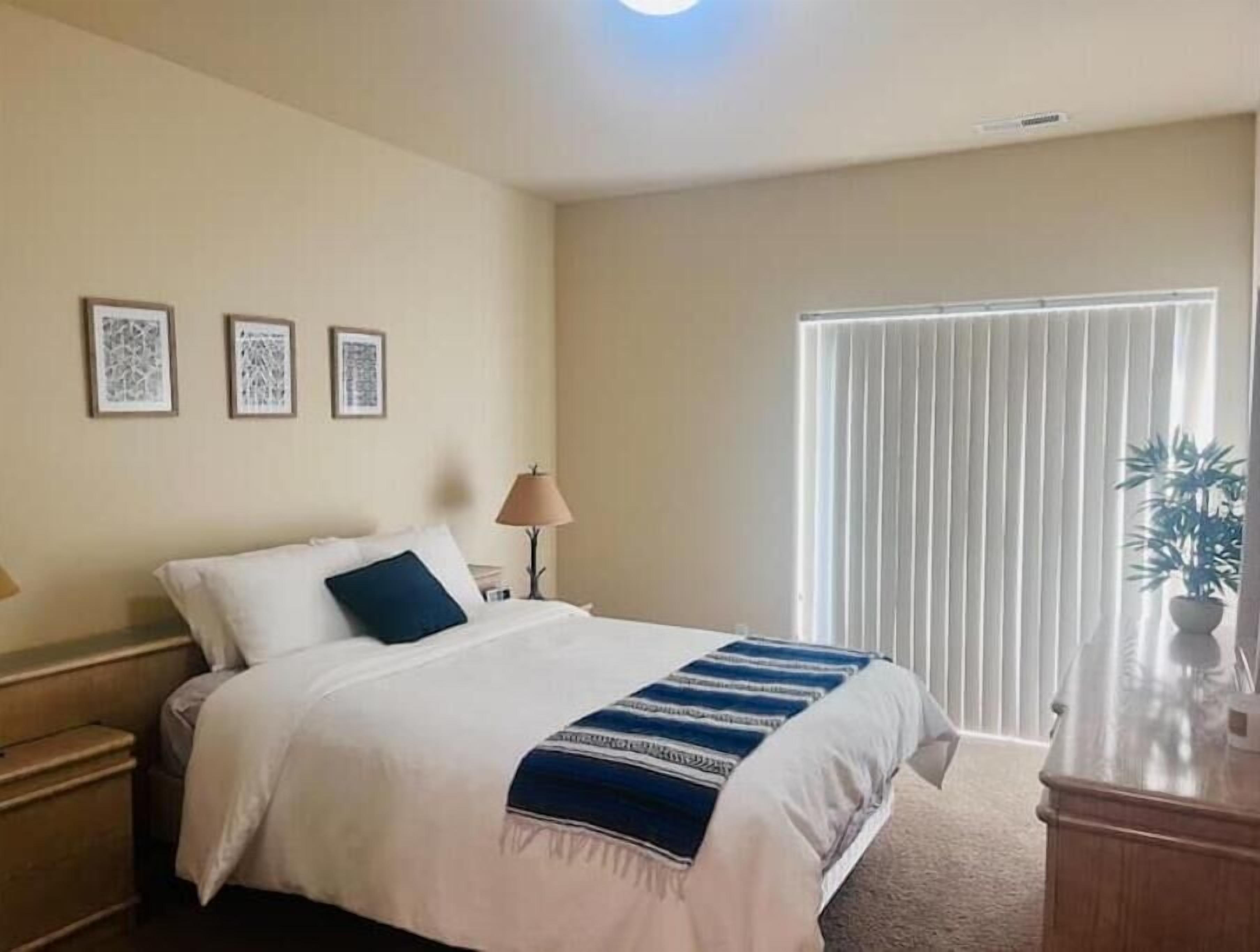 Habitación de hotel con cama, mesita de noche, lámpara, ventana con persianas y una planta.