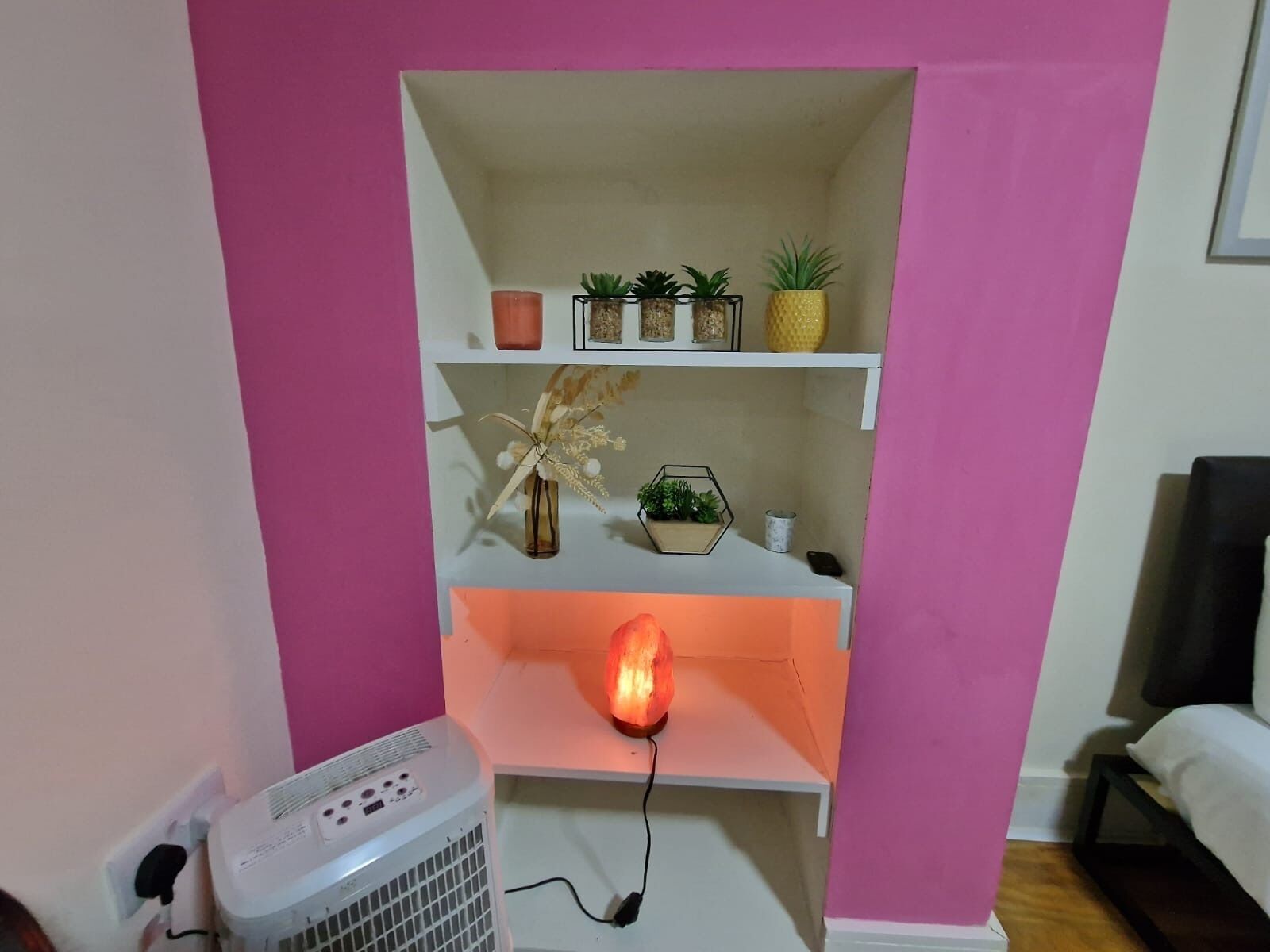 Una habitació amb una paret rosa, una estant blanca amb plantes, un radiador i un llit.