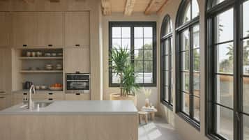 Fridge, microwave, coffee/tea maker, highchair