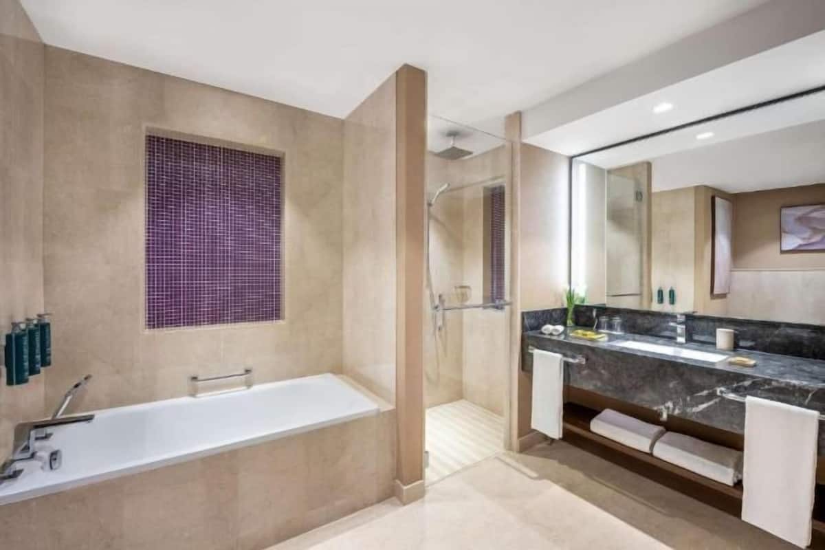 Een hydromassagedouche, een haardroger, pantoffels, een bidet