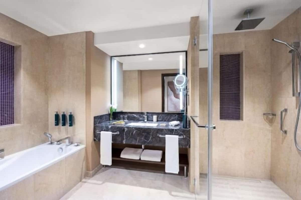 Een hydromassagedouche, een haardroger, pantoffels, een bidet