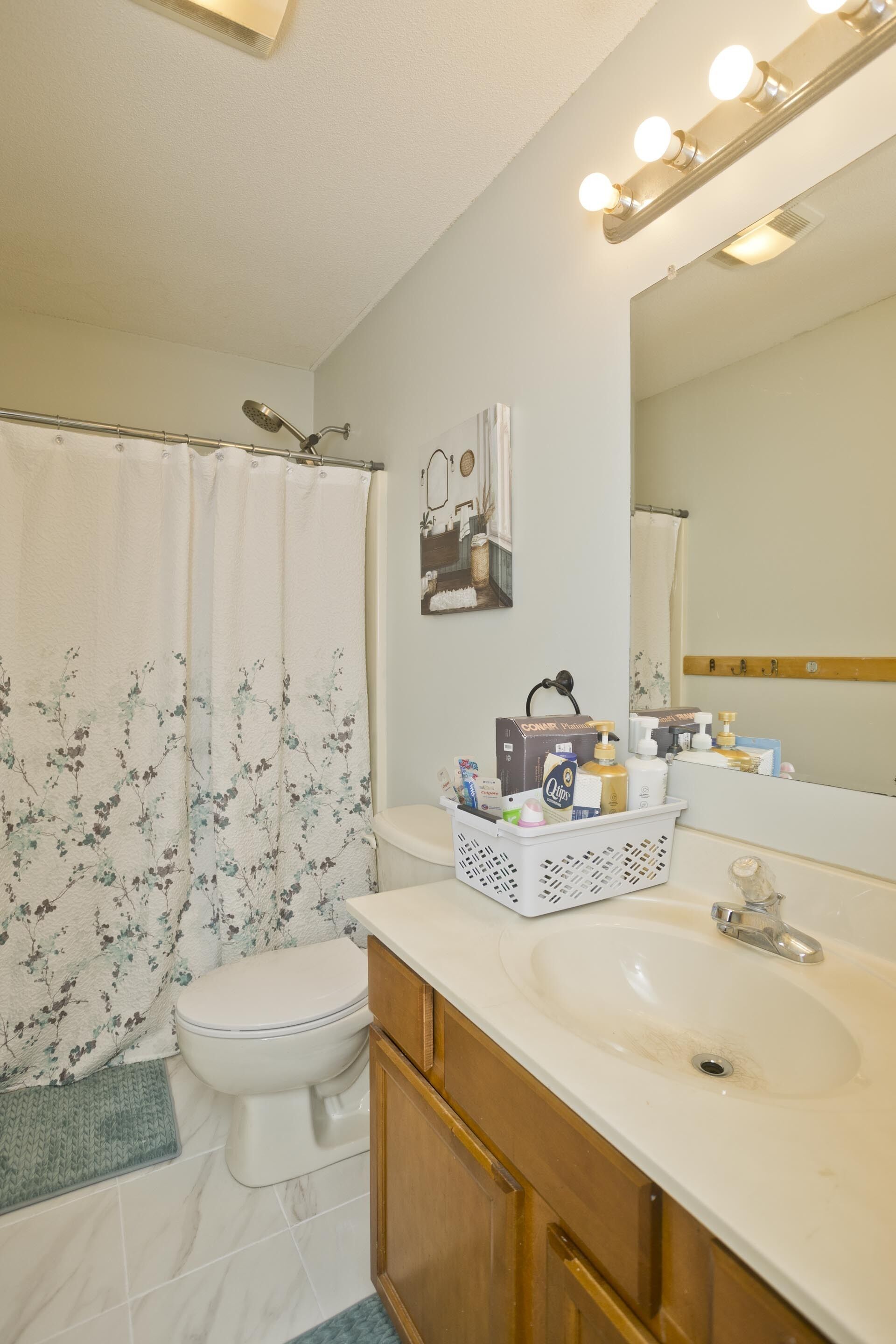 Une salle de bain avec un rideau de douche, des toilettes, un lavabo et un meuble-lavabo.