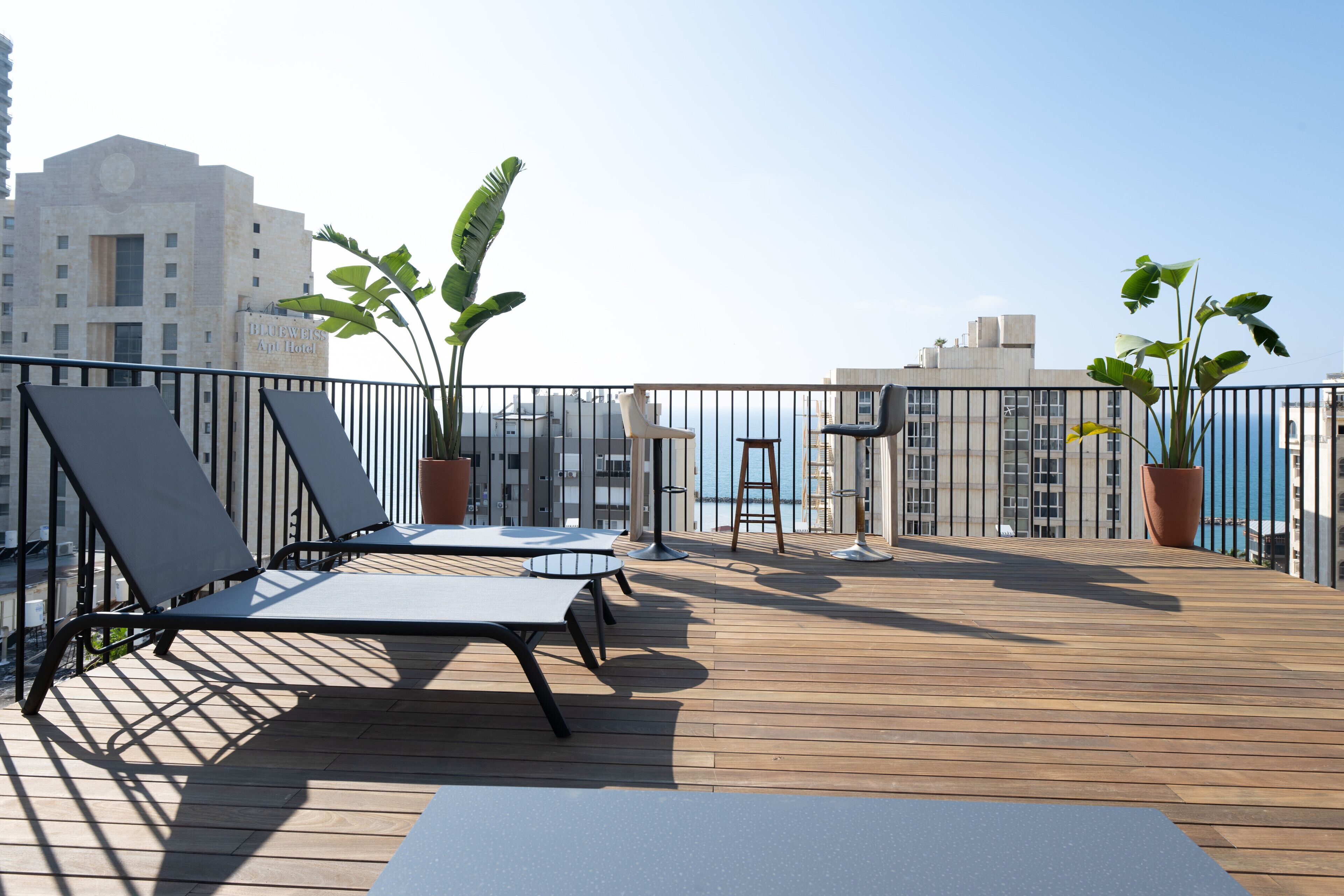 Eine Dachterrasse mit Liegestühlen, Topfpflanzen und Blick auf die Stadtlandschaft.