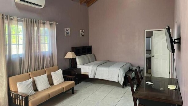 A bedroom with a bed, a sofa, a desk, a chair, an air conditioning unit, and a window with curtains. - Modern spacious accommodation 1 (Cedar Grove)