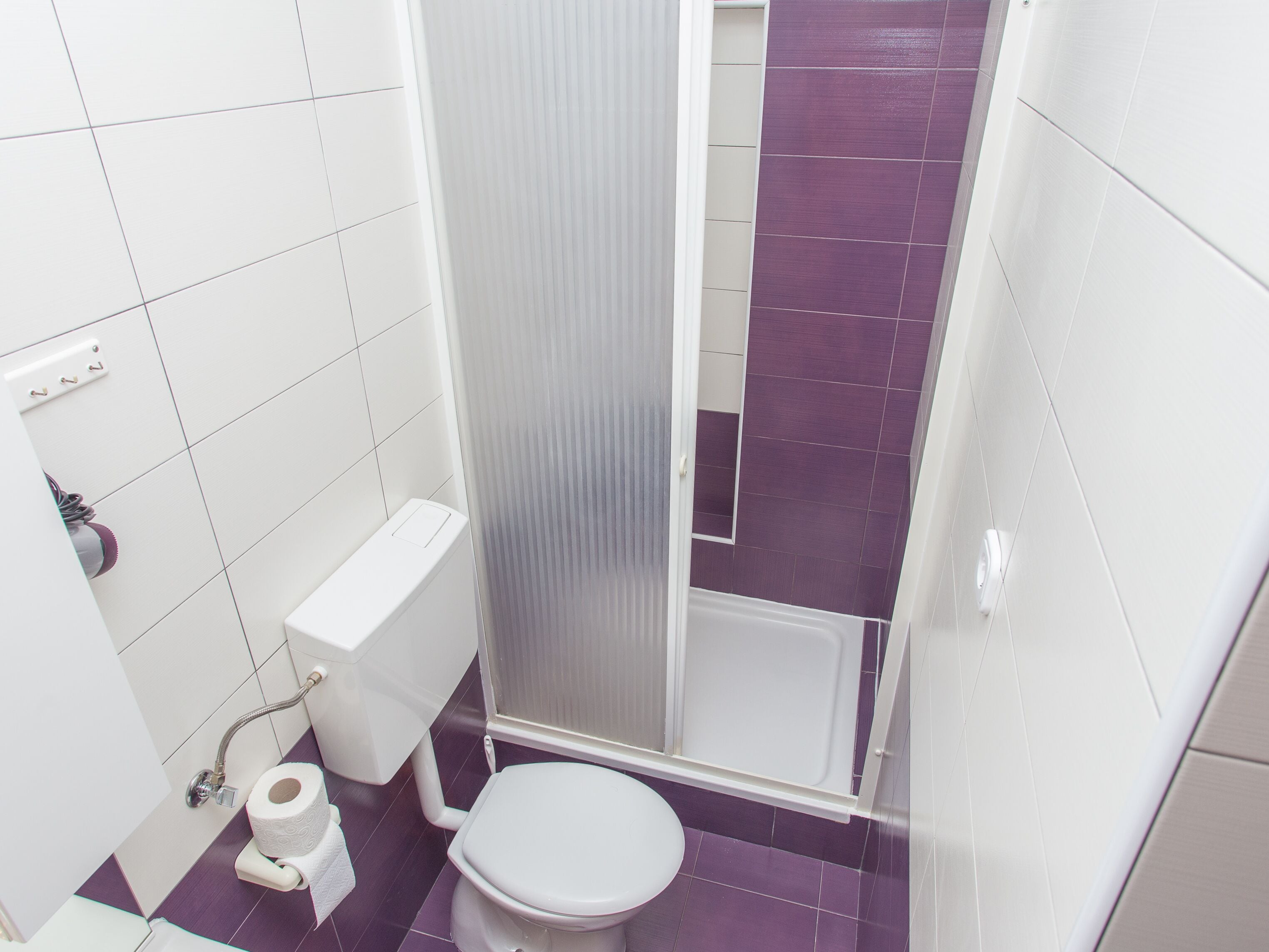 A bathroom with a toilet, shower, and a towel rack.