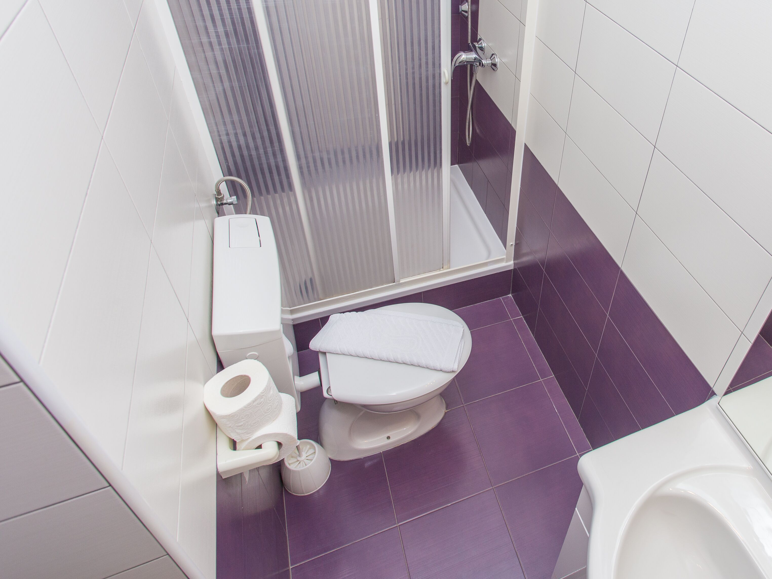 A bathroom with a toilet, a shower, and a bidet.