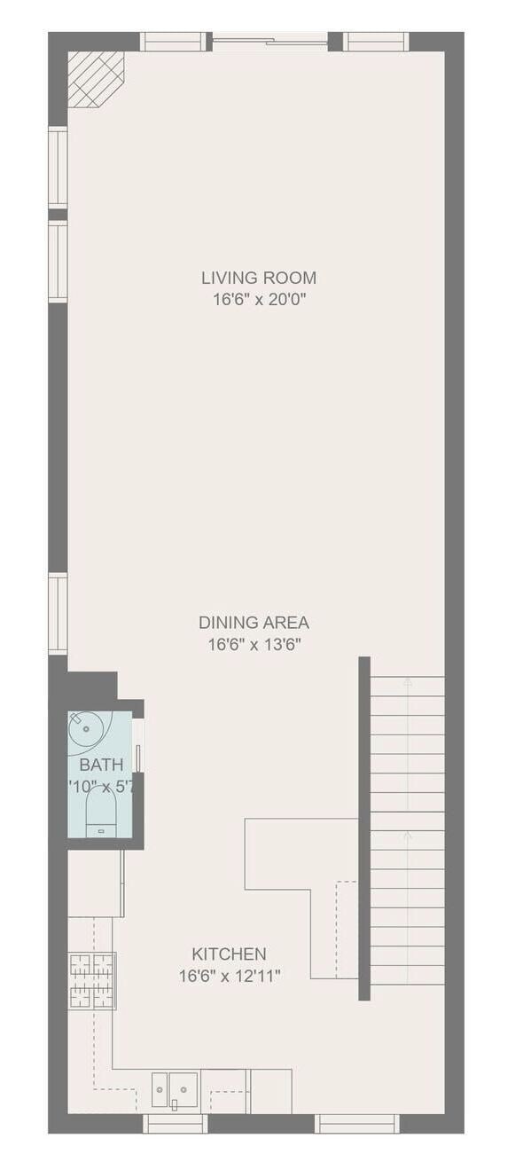 A floor plan of a hotel room with a living room, dining area, kitchen, and bathroom.