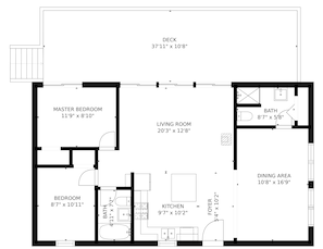 Grundriss eines Hauses mit Hauptschlafzimmer, Wohnzimmer, Küche, Essbereich und einer Terrasse.
