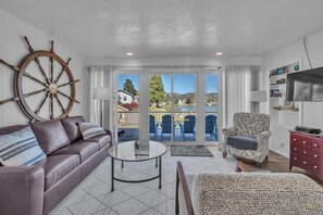 Télévision, cheminée, lecteur de DVD, livres