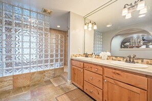 Shower, hair dryer, towels