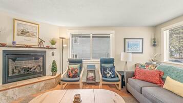 TV, fireplace, DVD player, books