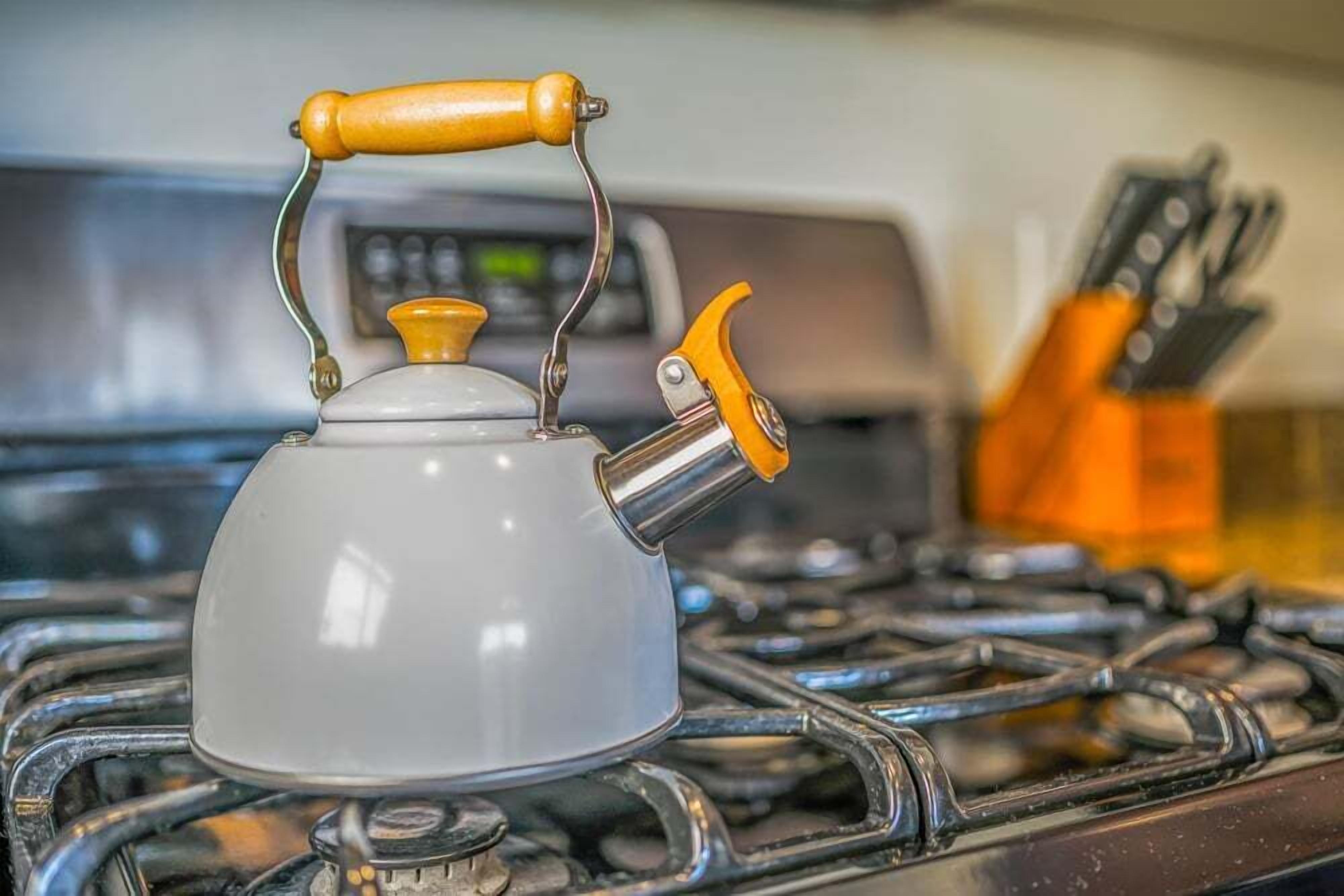 A kettle on a stove with a wooden handle and a metal spout.
