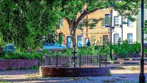 A paved pathway with a brick planter and a metal fence. - Sun-Drenched Apartment in City Unit B (Baltimore)