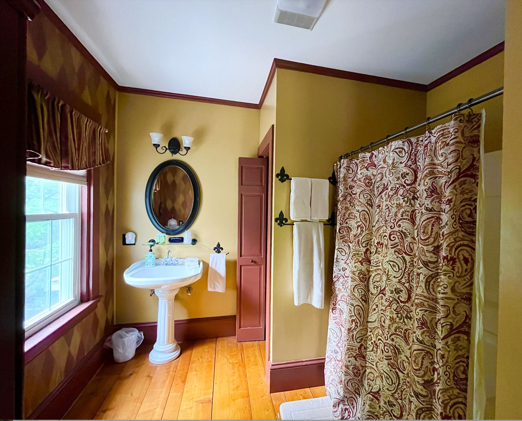 A bathroom with a pedestal sink, a mirror, a shower curtain, and a window with curtains.
