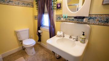 A bathroom with a toilet, sink, and mirror.