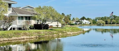 Um lago tranquilo com uma casa à esquerda e uma bandeira à direita.