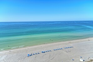 A beach with rows of blue beach chairs and umbrellas, a sandy shoreline, and the ocean in the background.