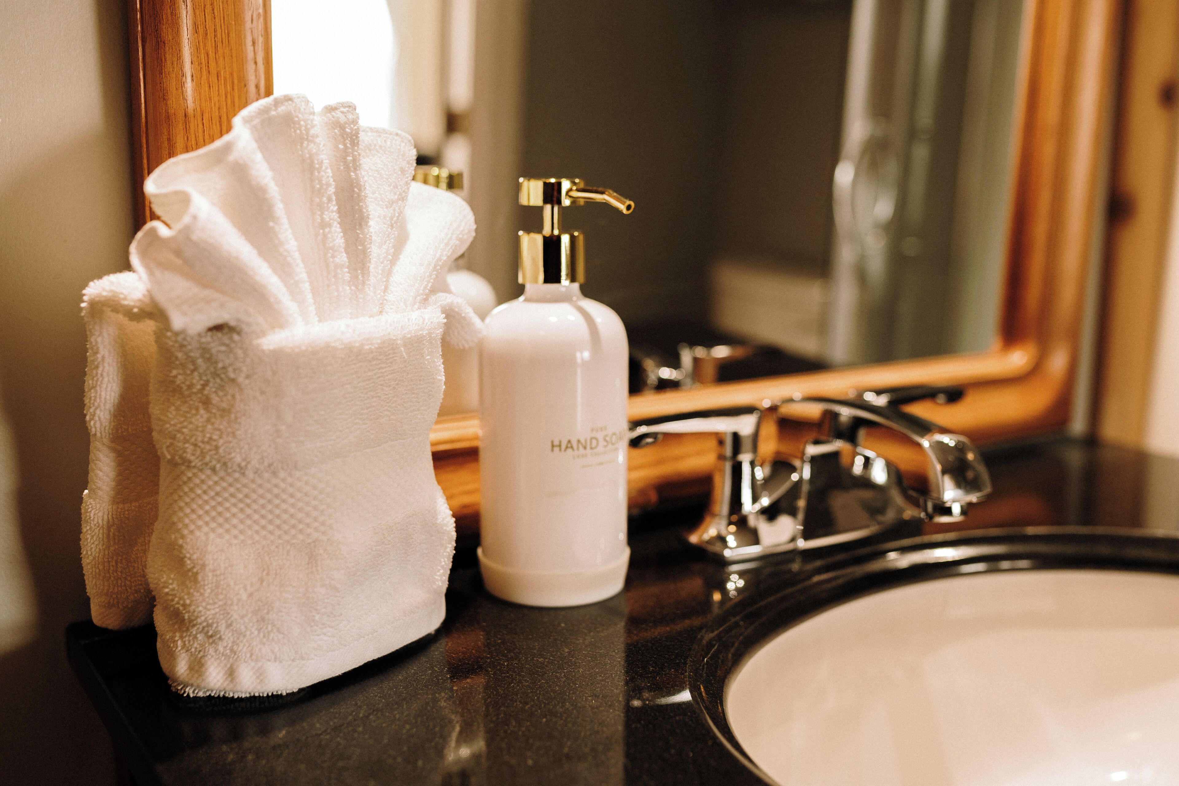 A bathroom sink, a white hand soap dispenser, and a white towel holder.