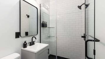 Shower, hair dryer, towels, shampoo