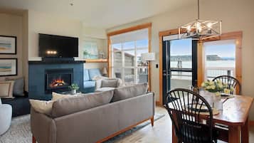 TV, fireplace, books