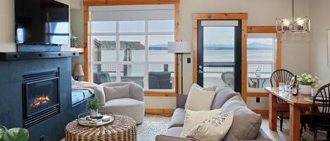 TV, fireplace, books