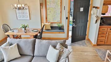TV, fireplace, books