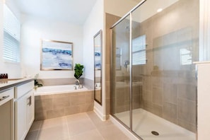 Shower, eco-friendly toiletries, hair dryer, towels