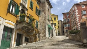 A narrow street with stone steps leading up to colorful buildings with green shutters and balconies.
