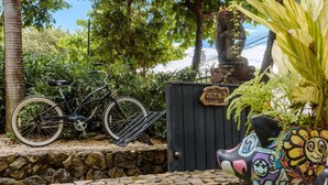 A bicycle parked by a stone wall, a decorative planter with a lion design, and a wooden gate with a sign. - Studio across the street from beach, top location (Playa Langosta)