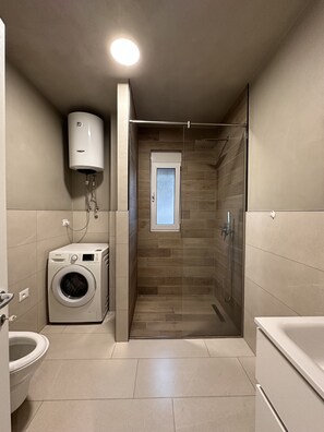 Shower, hair dryer, bidet, towels
