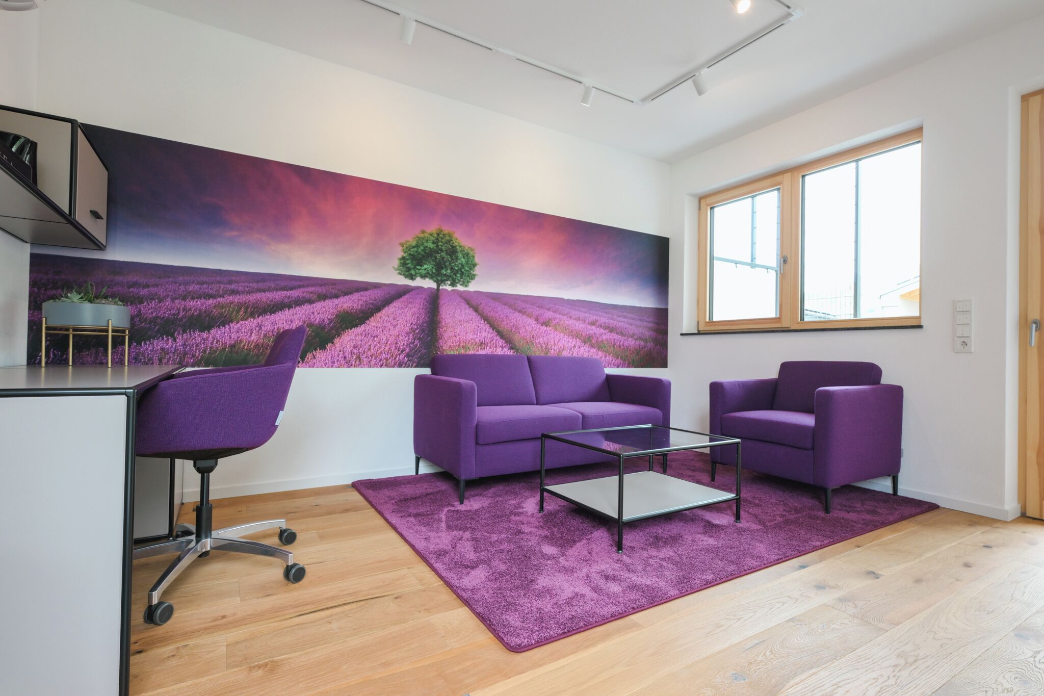 Un espacio de oficina moderno con un conjunto de sofá púrpura, una mesa de centro de vidrio y un cuadro grande de un campo de lavanda.