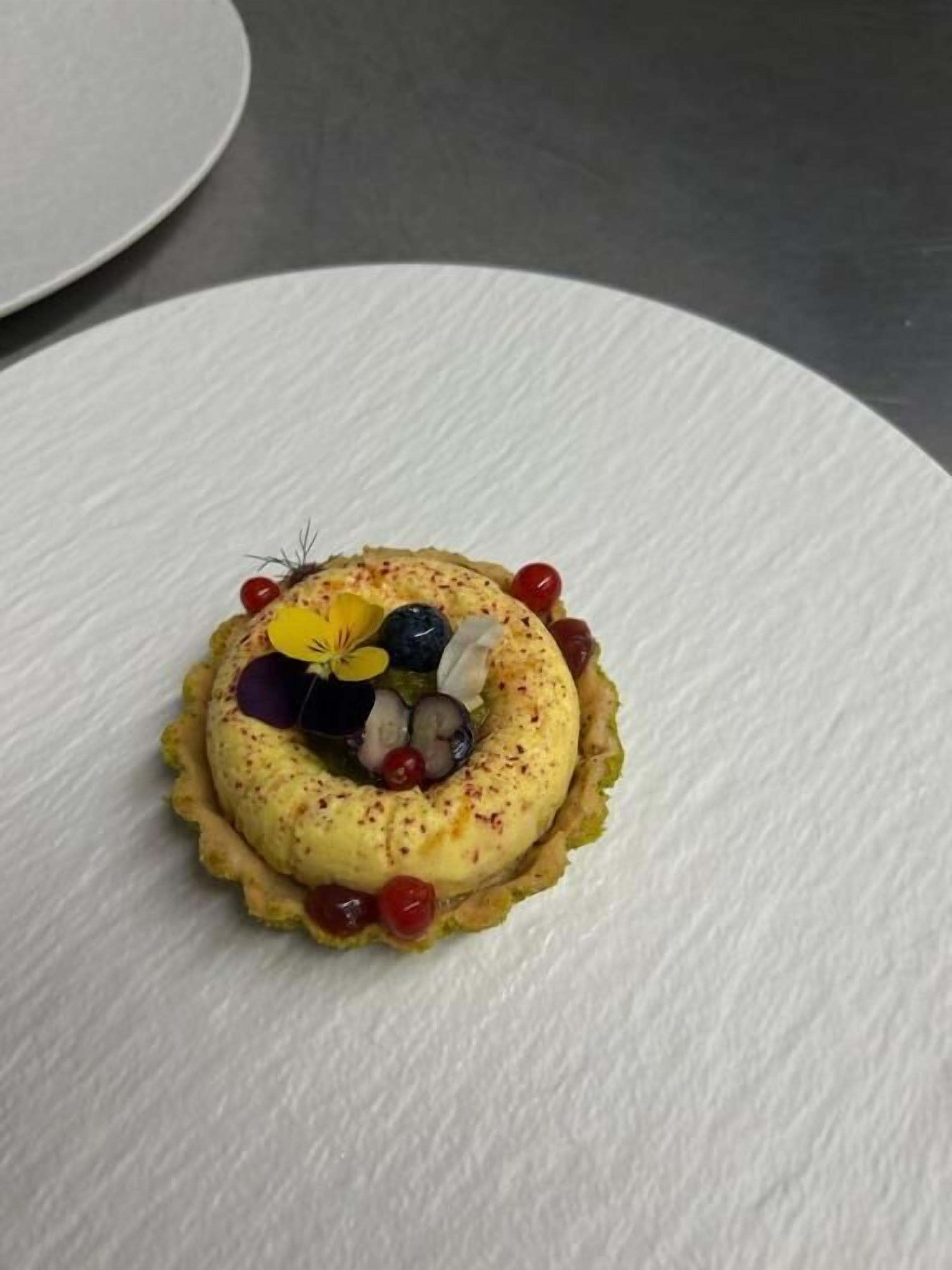 A dessert on a white plate.