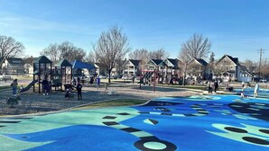 A playground with a blue play area and a covered structure. - Hotel Quality/ Walkable / Free Parking/ Office #11 (Lakewood)
