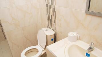 Douche, serviettes fournies, savon, shampoing