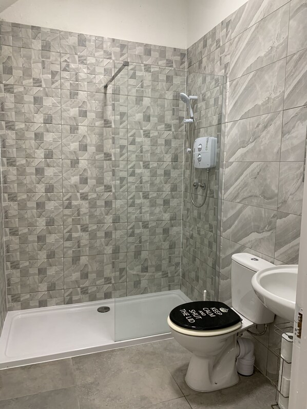 Hair dryer, towels, soap, shampoo