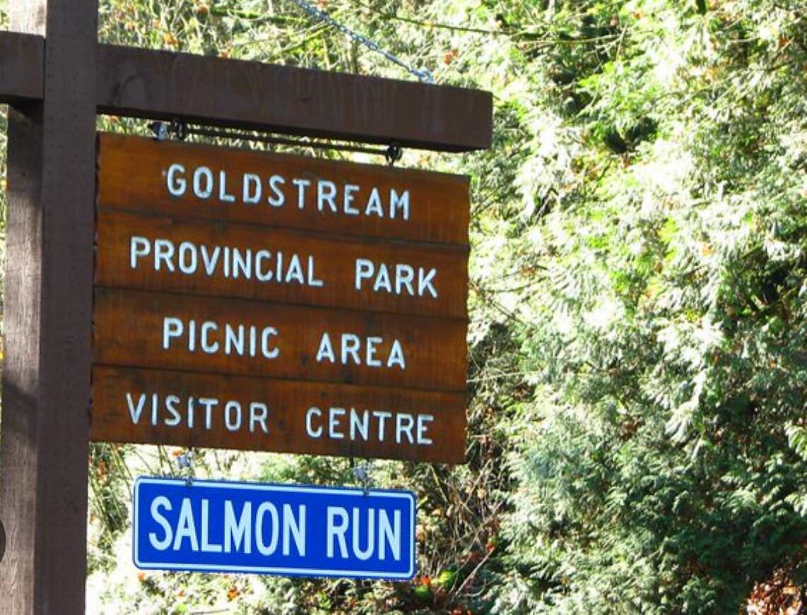Señal para el área de picnic y centro de visitantes del Parque Provincial Goldstream, con un letrero azul para el sendero Salmon Run.