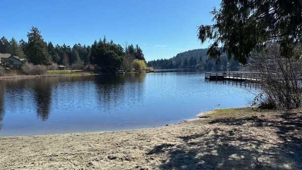 Ein ruhiger See mit sandigem Ufer, umgeben von Bäumen und einem hölzernen Steg.