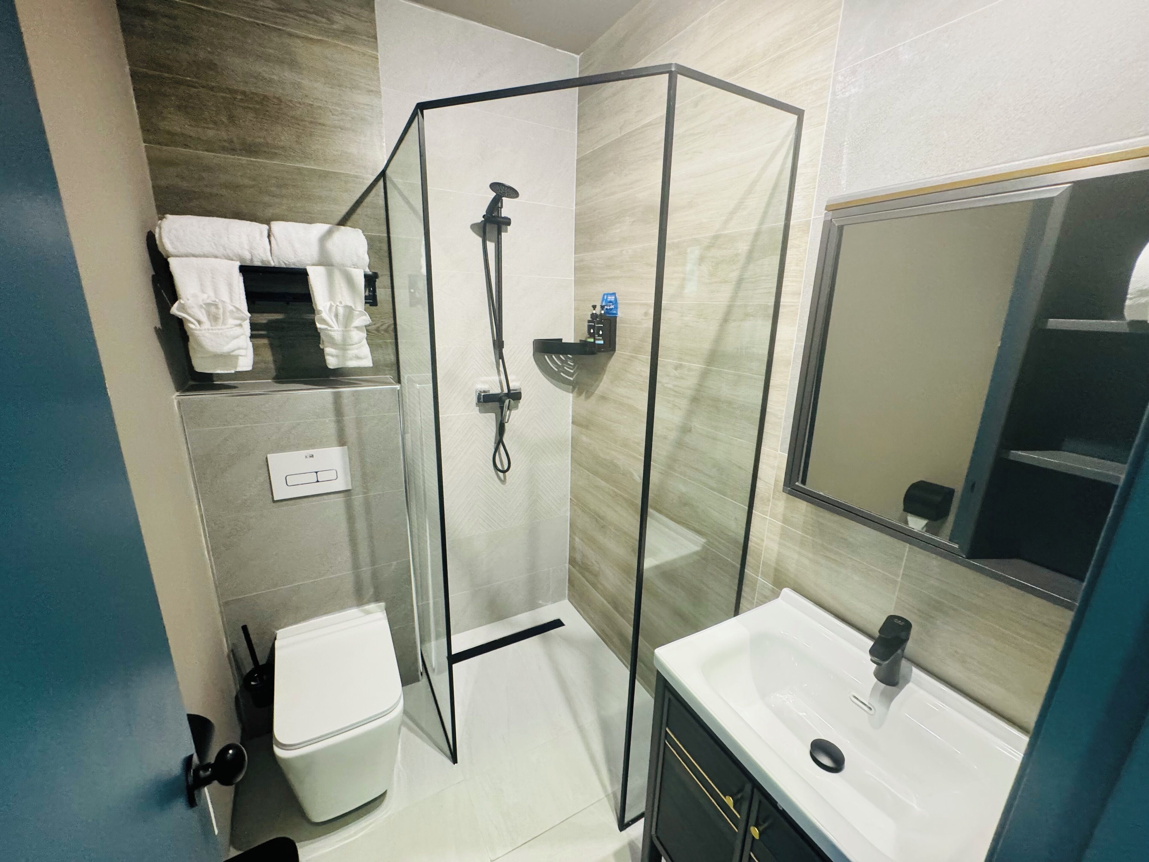 Un baño moderno con ducha envuelta en vidrio, inodoro blanco y lavamanos con espejo.
