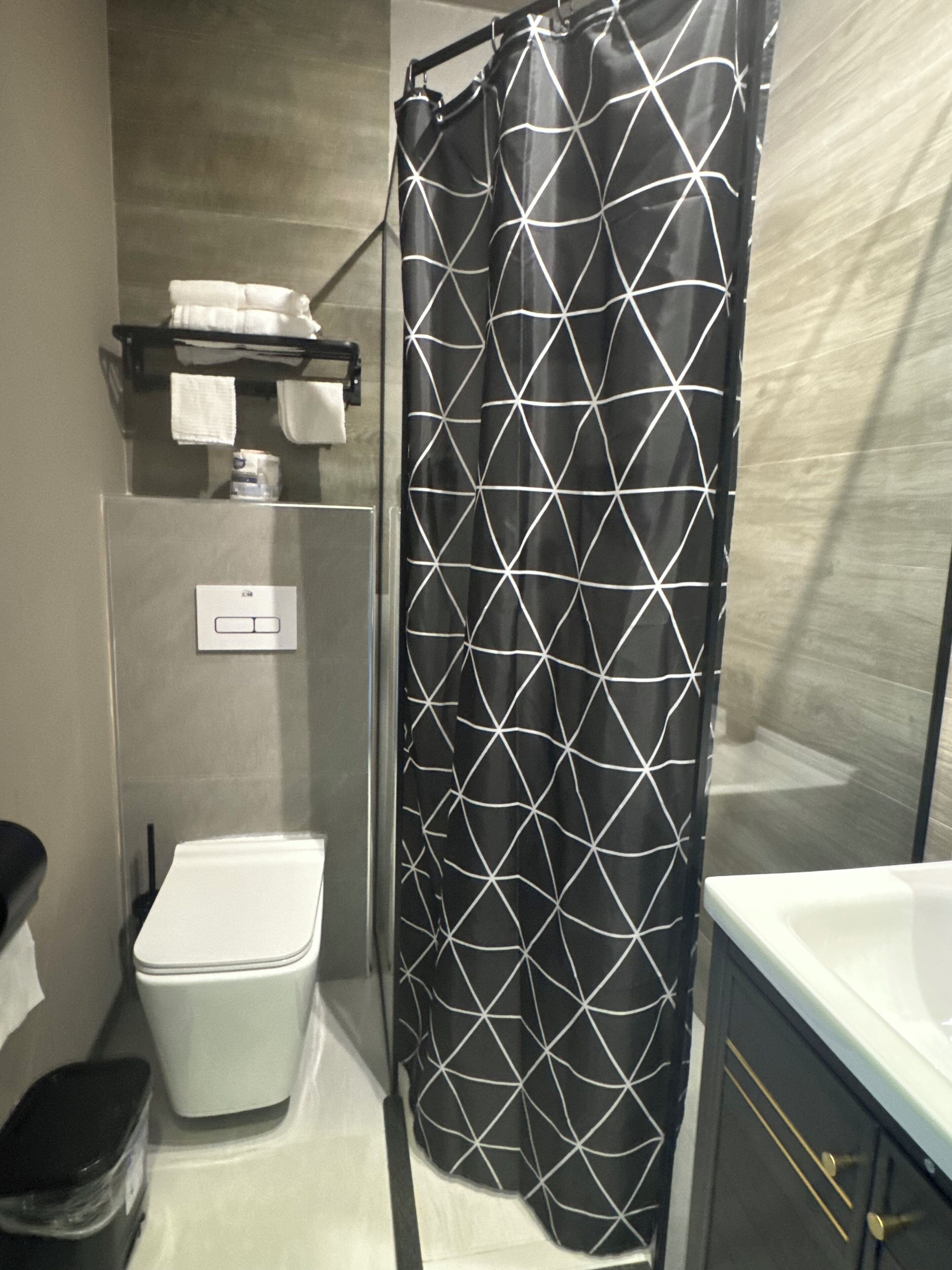A bathroom with a toilet, a sink, a shower curtain, and a towel rack.