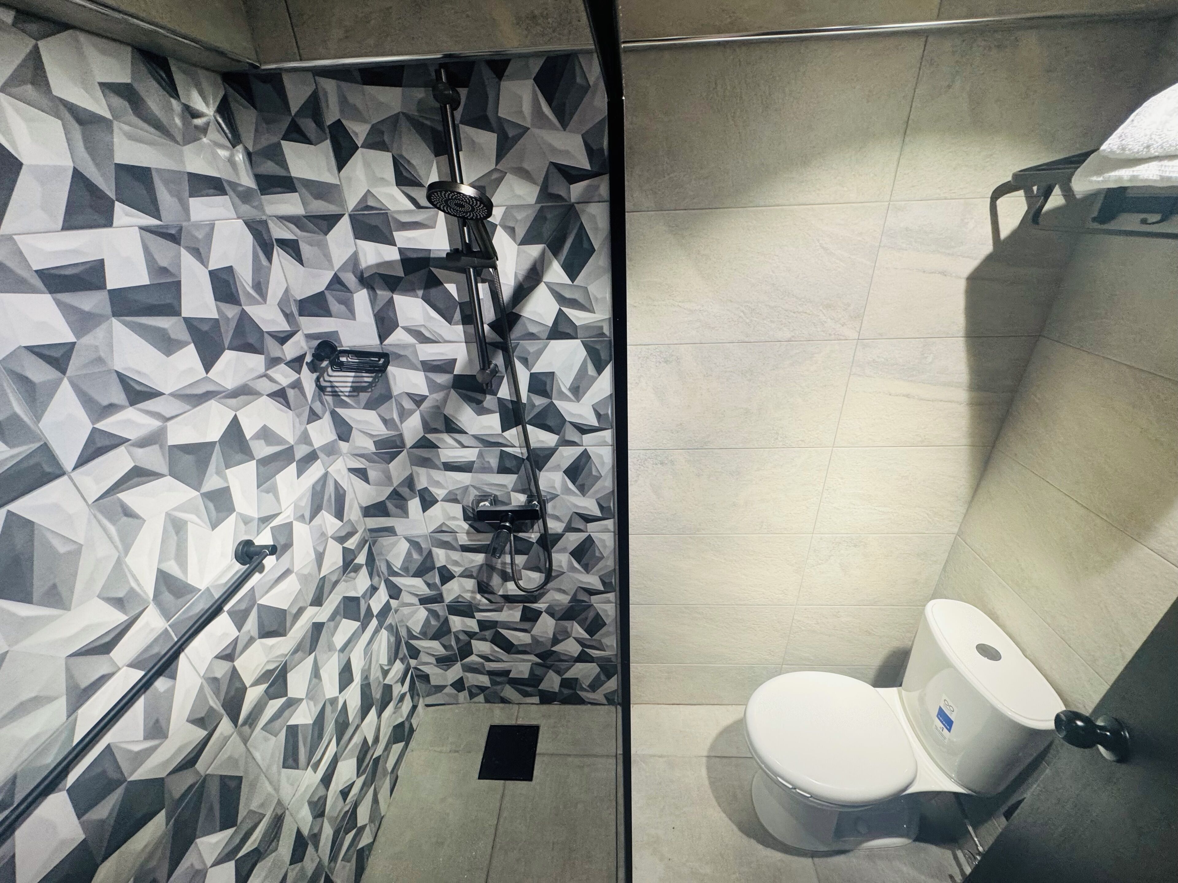 A bathroom with a geometric-patterned wall, a shower, a toilet, and a sink.