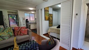Ein kompakter Wohnraum mit Sofa, Bett und Duschbereich.
