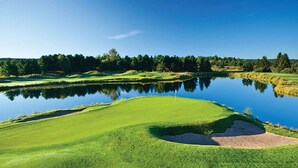 A golf course with a pond, sand bunkers, and a flag on the green. - The Heart of TC 2BDR Condo Unit 115 (Traverse City)