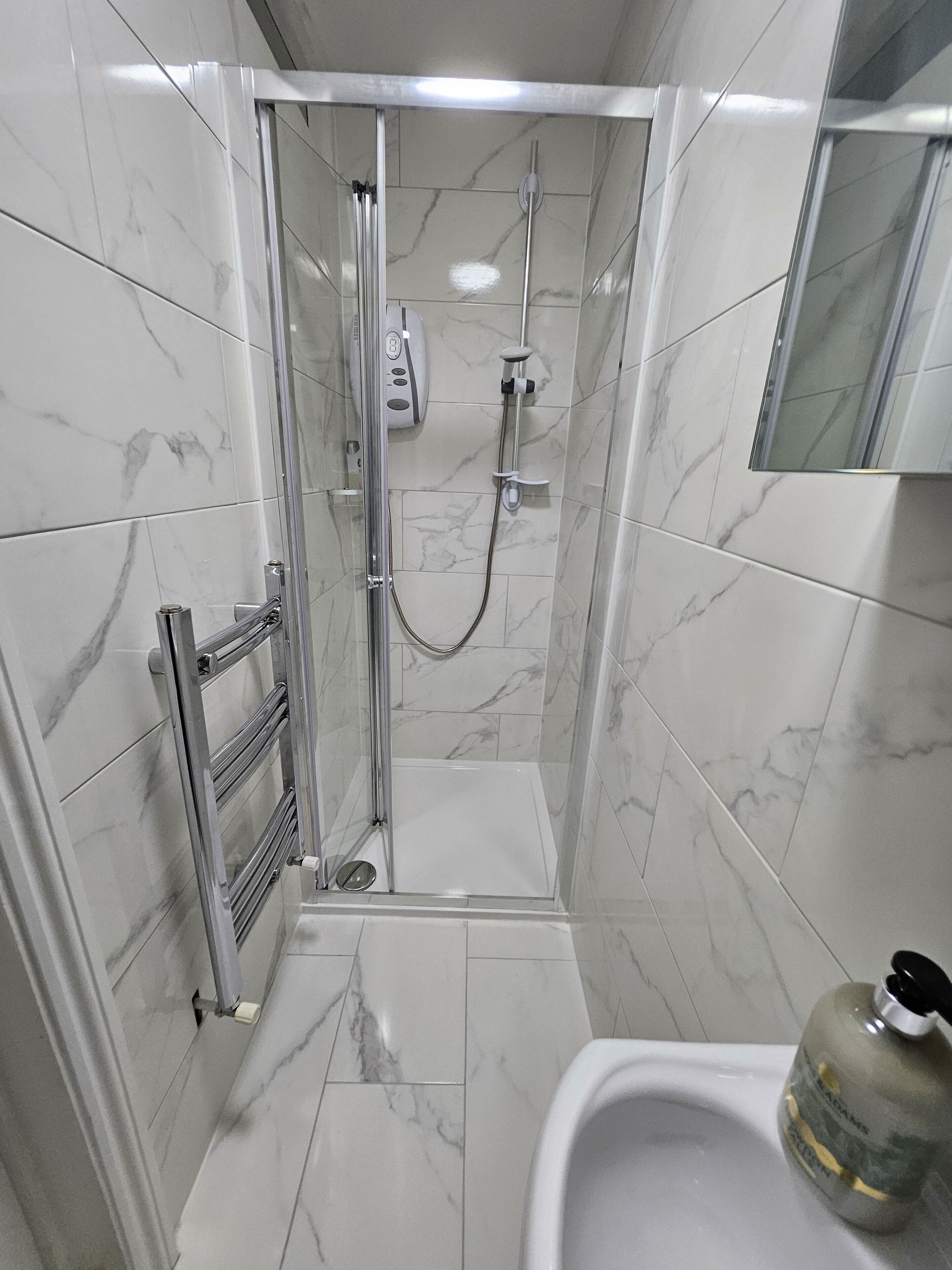 Hair dryer, towels, soap, toilet paper