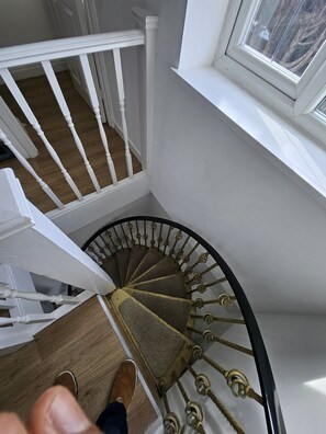 A spiral staircase with a wooden floor and white railings, leading to an upper floor. - Nice and Cosy one bed flat
 (Carshalton)