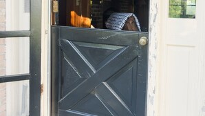 A partially open black door with a white door frame, a visible brick wall, and a glimpse of a room with a window and a lamp.