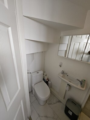 Hair dryer, towels, soap, toilet paper