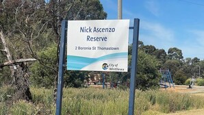 A sign for Nick Ascencio Reserve with a view of a playground and trees in the background. - House in Thomastown (Thomastown)